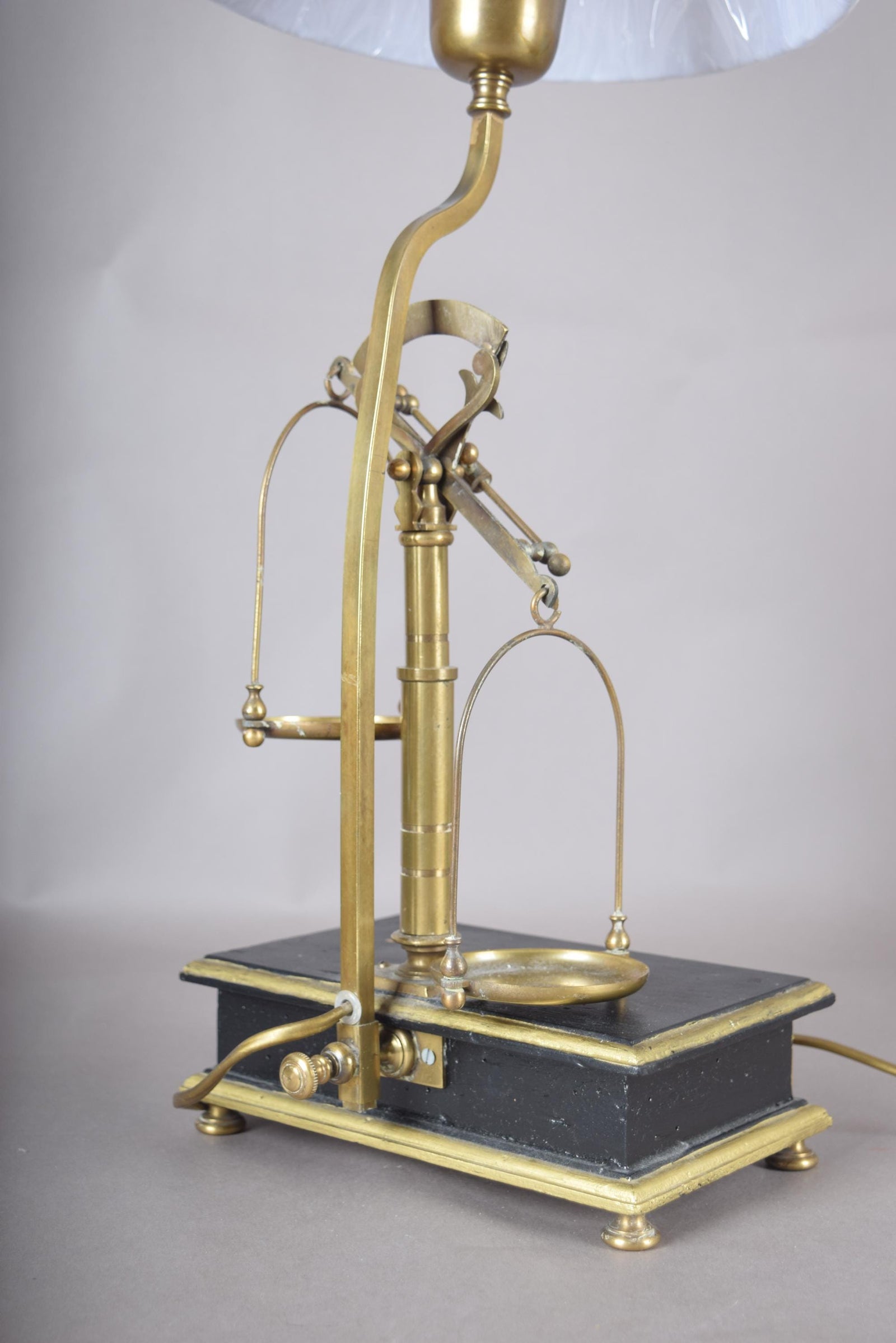 Vintage Brass Scale Lamp, Libra Balance Motif, Drawer Base, Pleated Shade, 1950s