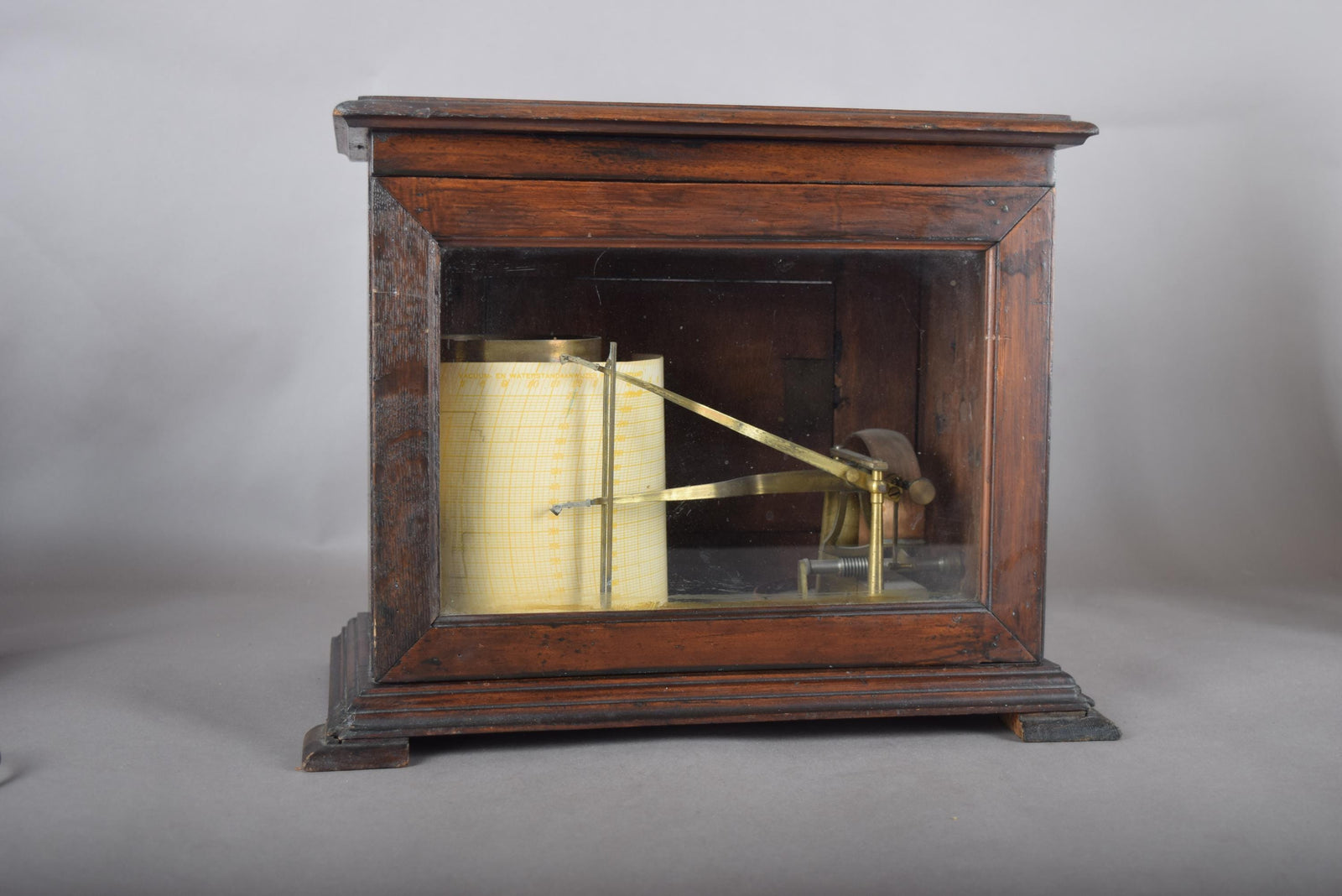Antique Oak Barograph, Brass Mechanism with Chart Drum — English, 1930s