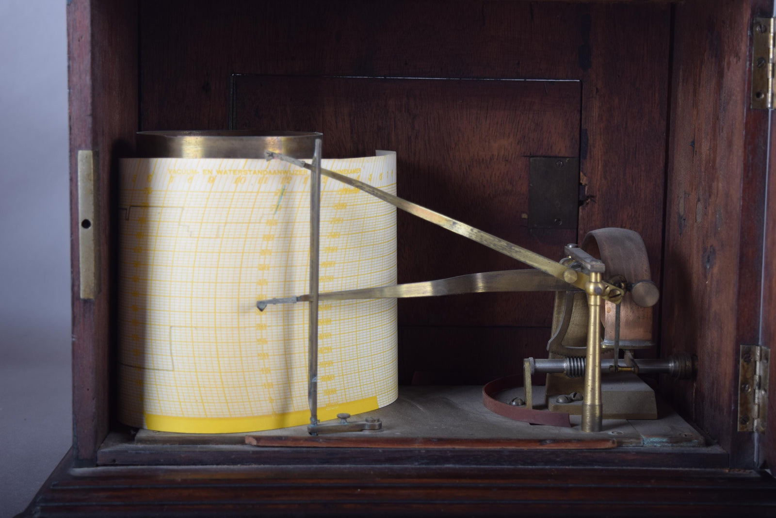 Antique Oak Barograph, Brass Mechanism with Chart Drum — English, 1930s