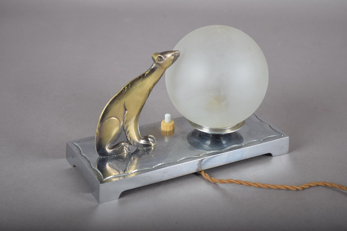 Vintage Art Deco Table Lamp, Brass-Toned Animal Figure, Frosted Glass Globe, 1940s