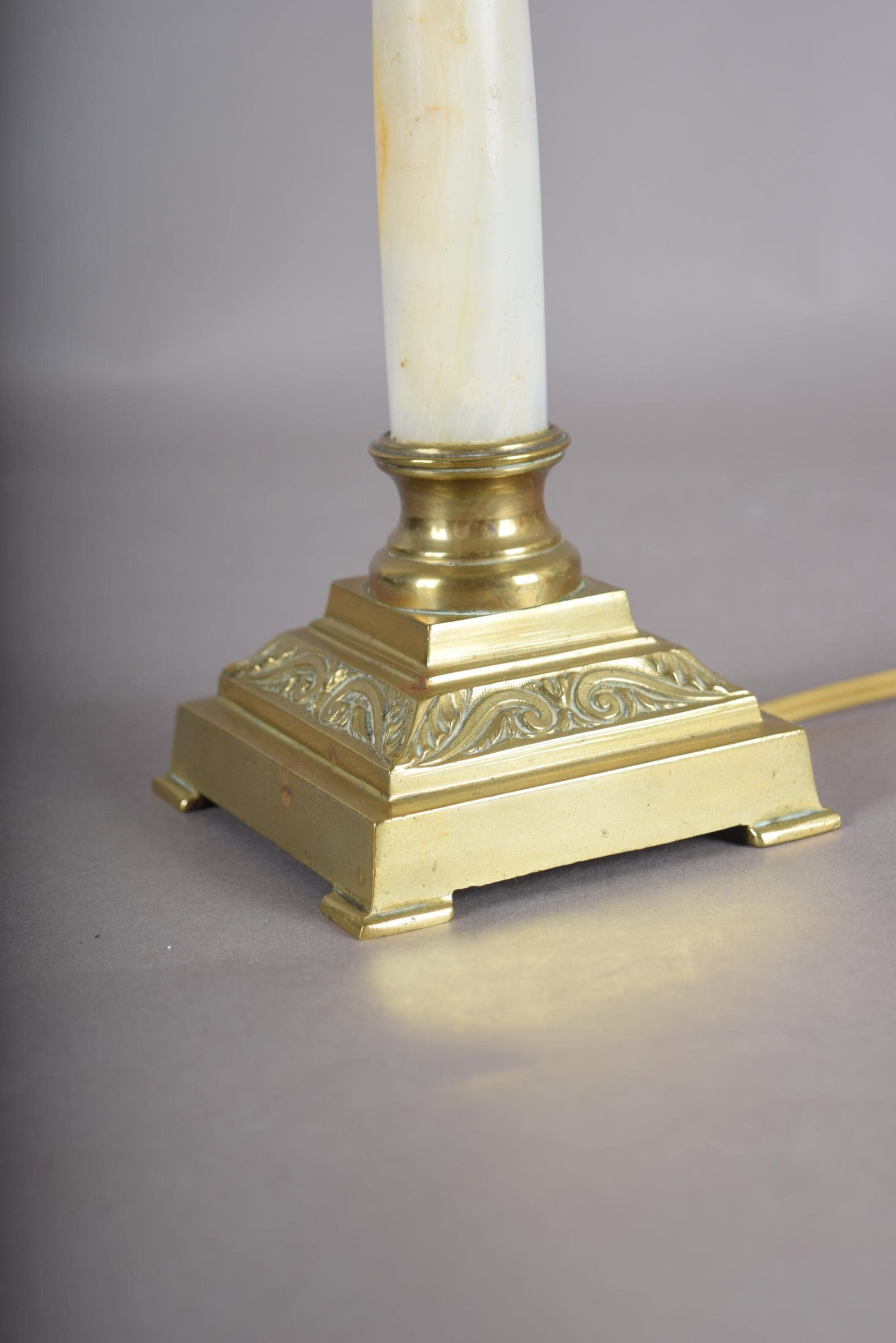 Vintage Brass and White Onyx Column Table Lamp, Square Brass Base