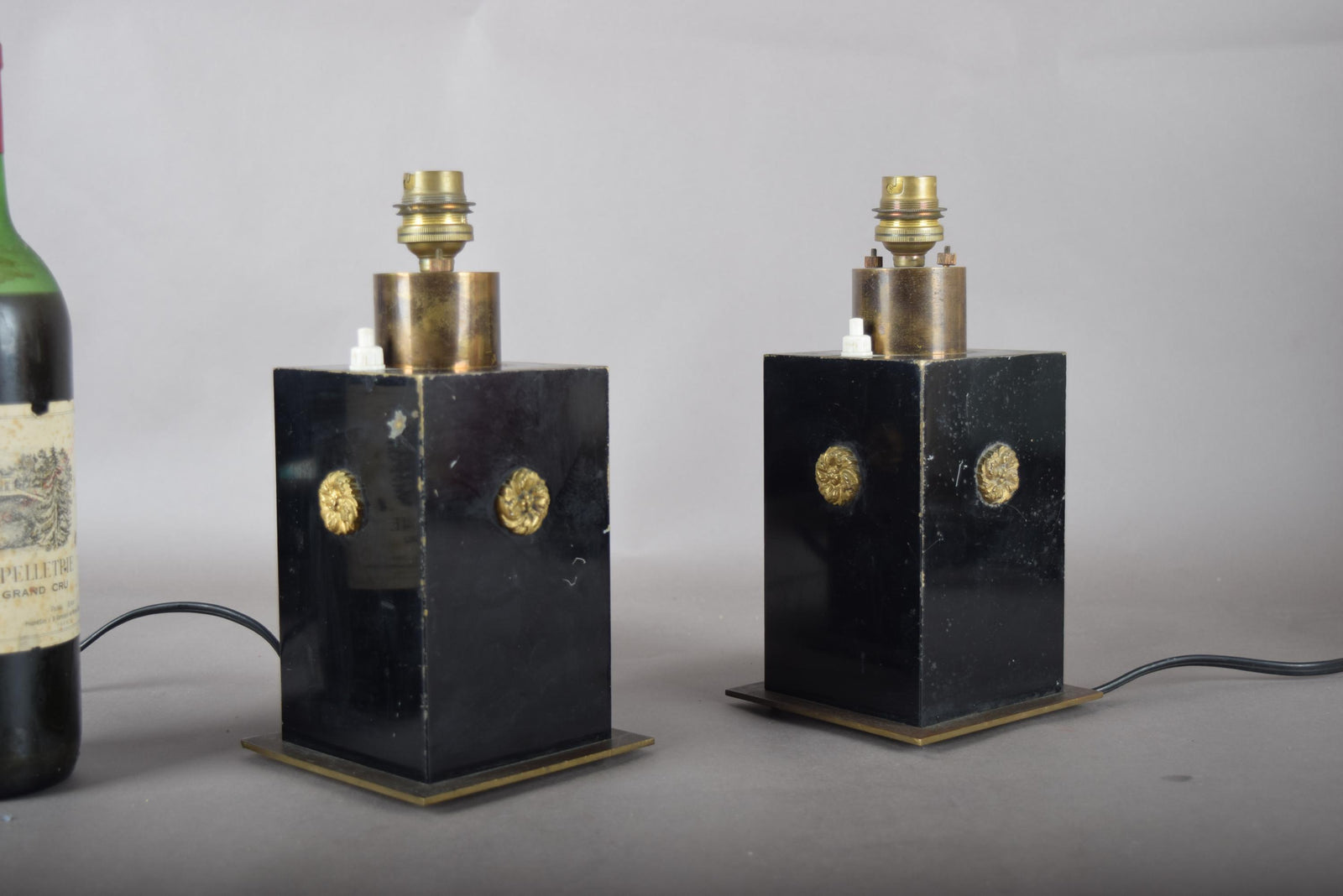 Vintage Black and Brass Table Lamps, Art Deco Style Geometric Base, Pair