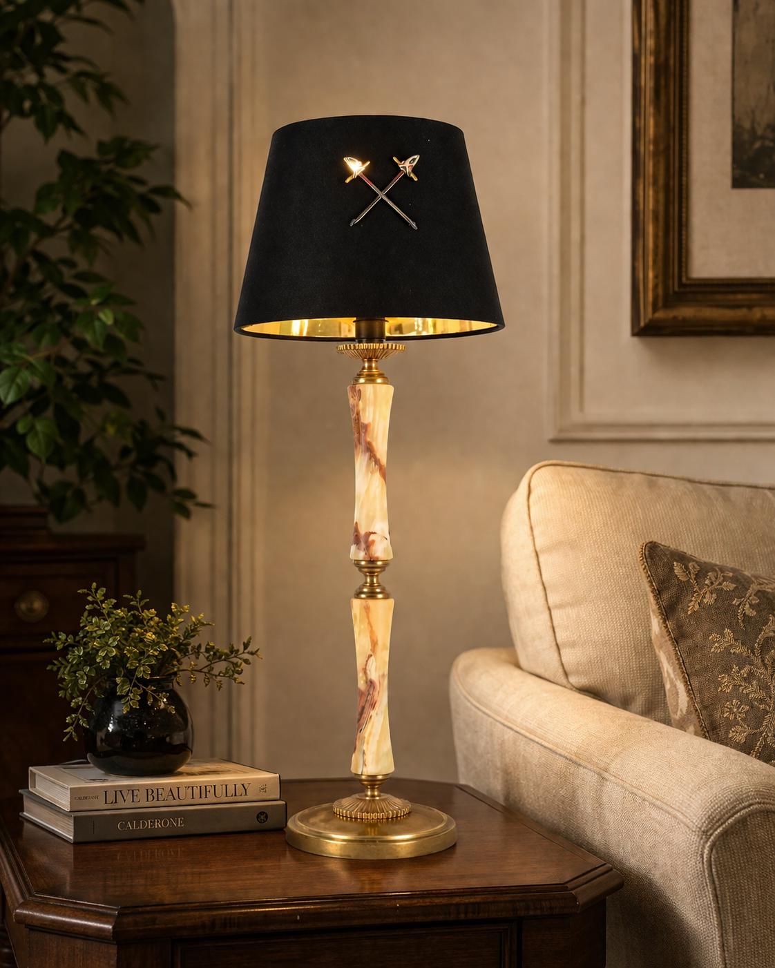 Vintage Onyx Stone Column Table Lamp | Brass Base & Accents | Statement Lighting | Circa 1950s