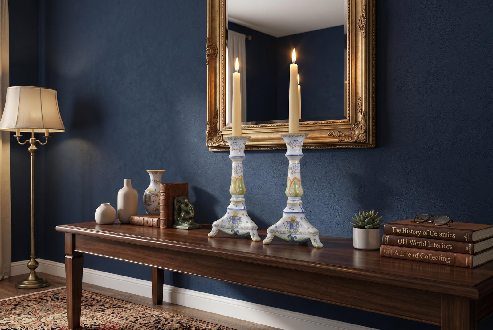Vintage Hand-Painted Ceramic Candlesticks, Heraldic Floral Pair, Antique Table Décor