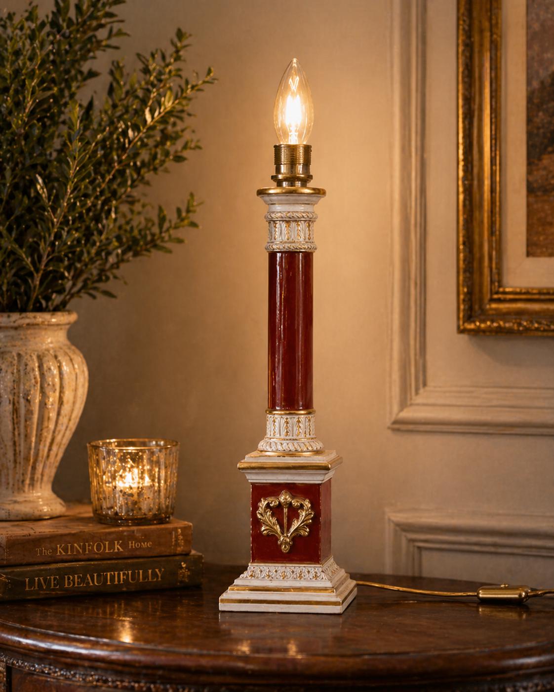 Ceramic Column Table Lamp, Red and Gold, Art Deco Style, Attributed to Ugo Zaccagnini, Italy 1950s