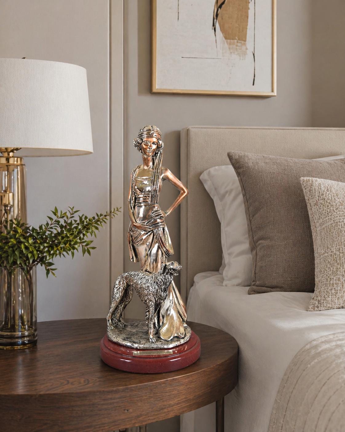 Silver-Plated Art Deco Style Sculpture, Lady with Borzoi Dog, Dated 2001