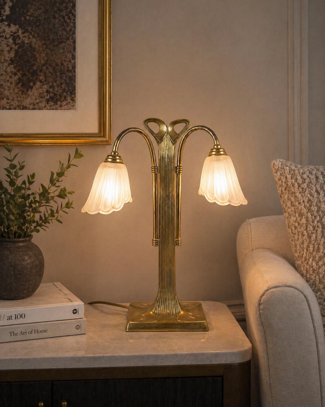 Vintage Brass Double-Arm Table Lamp, Frosted Tulip Shades — Art Nouveau Style, 1950s