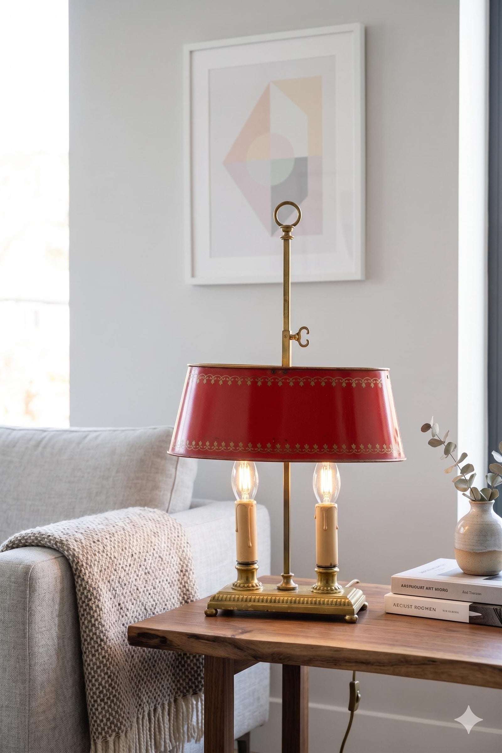 Vintage Brass Bouillotte Table Lamp, Red Tole Shade — French Style, circa 1950s