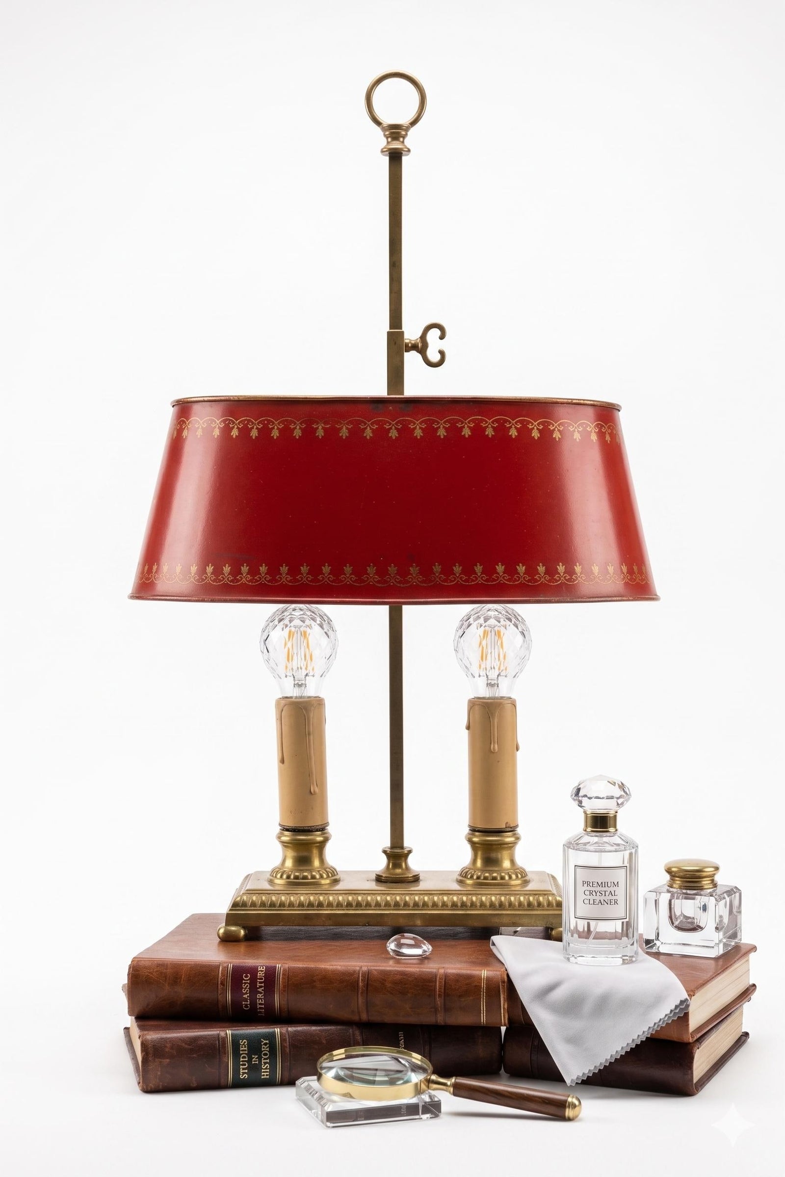 Vintage Brass Bouillotte Table Lamp, Red Tole Shade — French Style, circa 1950s