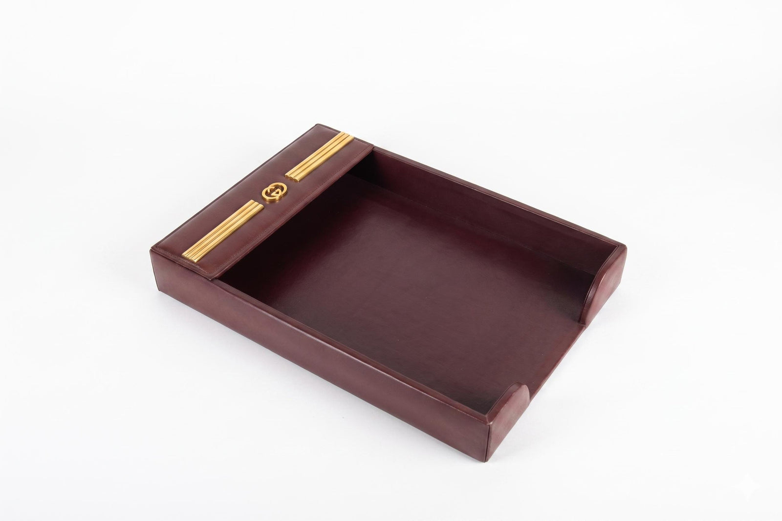 Vintage 1970s Gucci Red Leather Desk Tray – Gold Double-G Logo Paper Organizer, Rare Designer Office Accessory