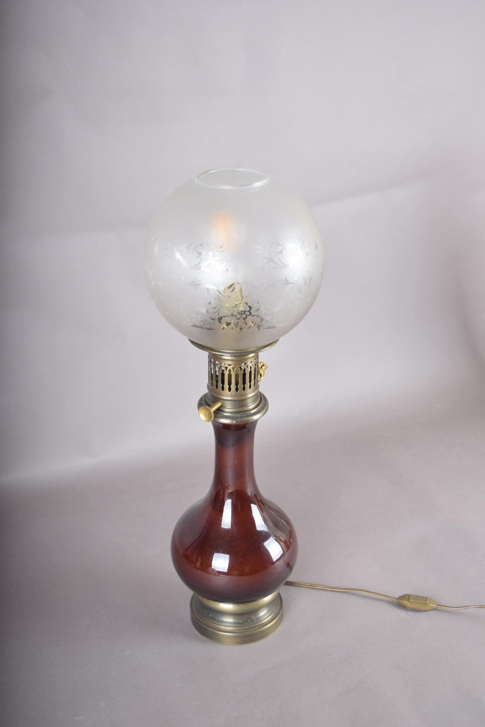 Vintage Glass and Brass Table Lamp, Etched Frosted Glass Globe Shade, 1950s