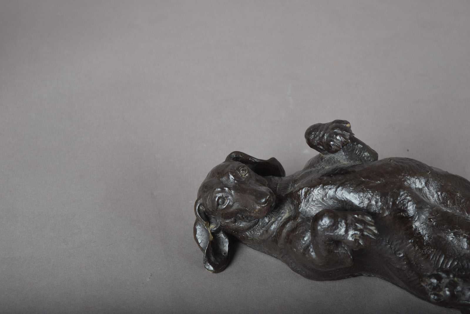 Doris Lindner "Rolling Dachshund" Sculpture, Signed Cast Resin with Bronze Patina