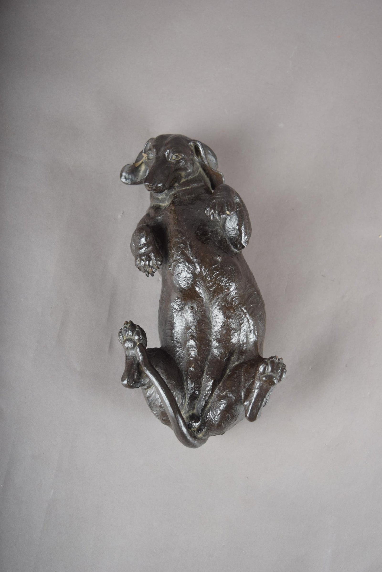 Doris Lindner "Rolling Dachshund" Sculpture, Signed Cast Resin with Bronze Patina