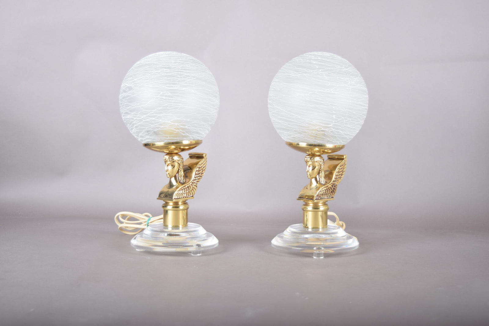 Vintage Brass-Toned Angel Table Lamps, Frosted Glass Globe Shade, Hollywood Regency, 1980s, Pair