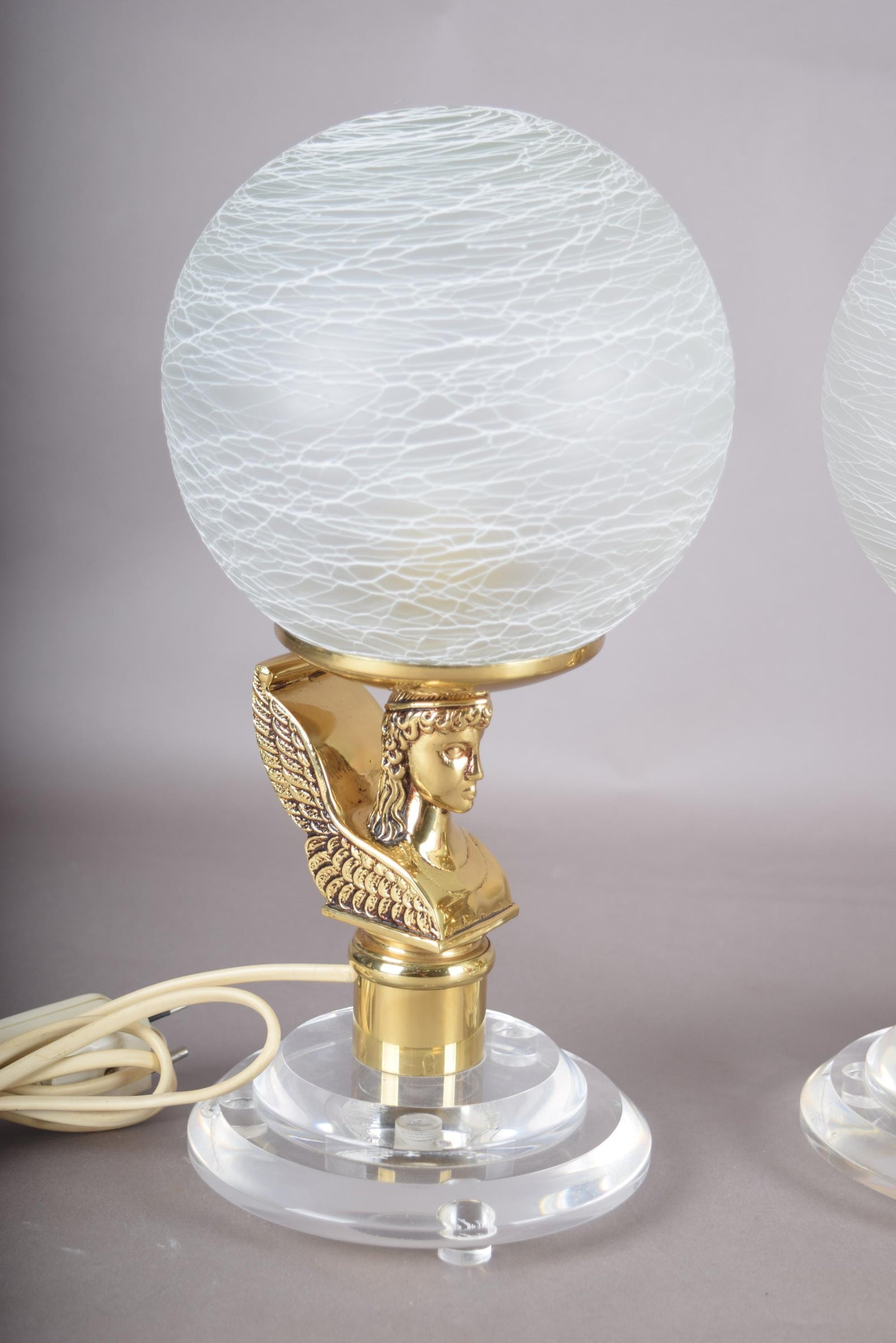 Vintage Brass-Toned Angel Table Lamps, Frosted Glass Globe Shade, Hollywood Regency, 1980s, Pair
