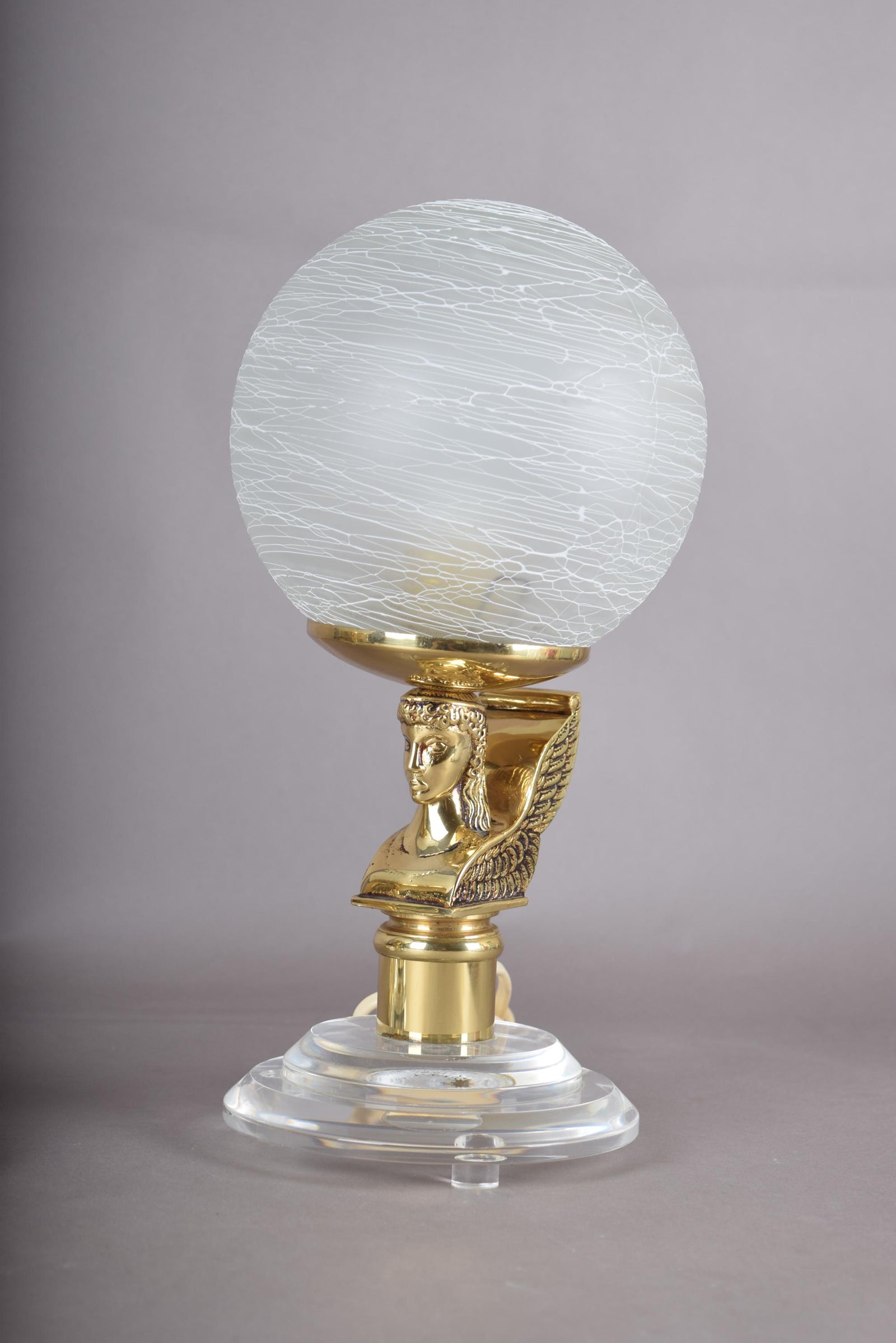 Vintage Brass-Toned Angel Table Lamps, Frosted Glass Globe Shade, Hollywood Regency, 1980s, Pair