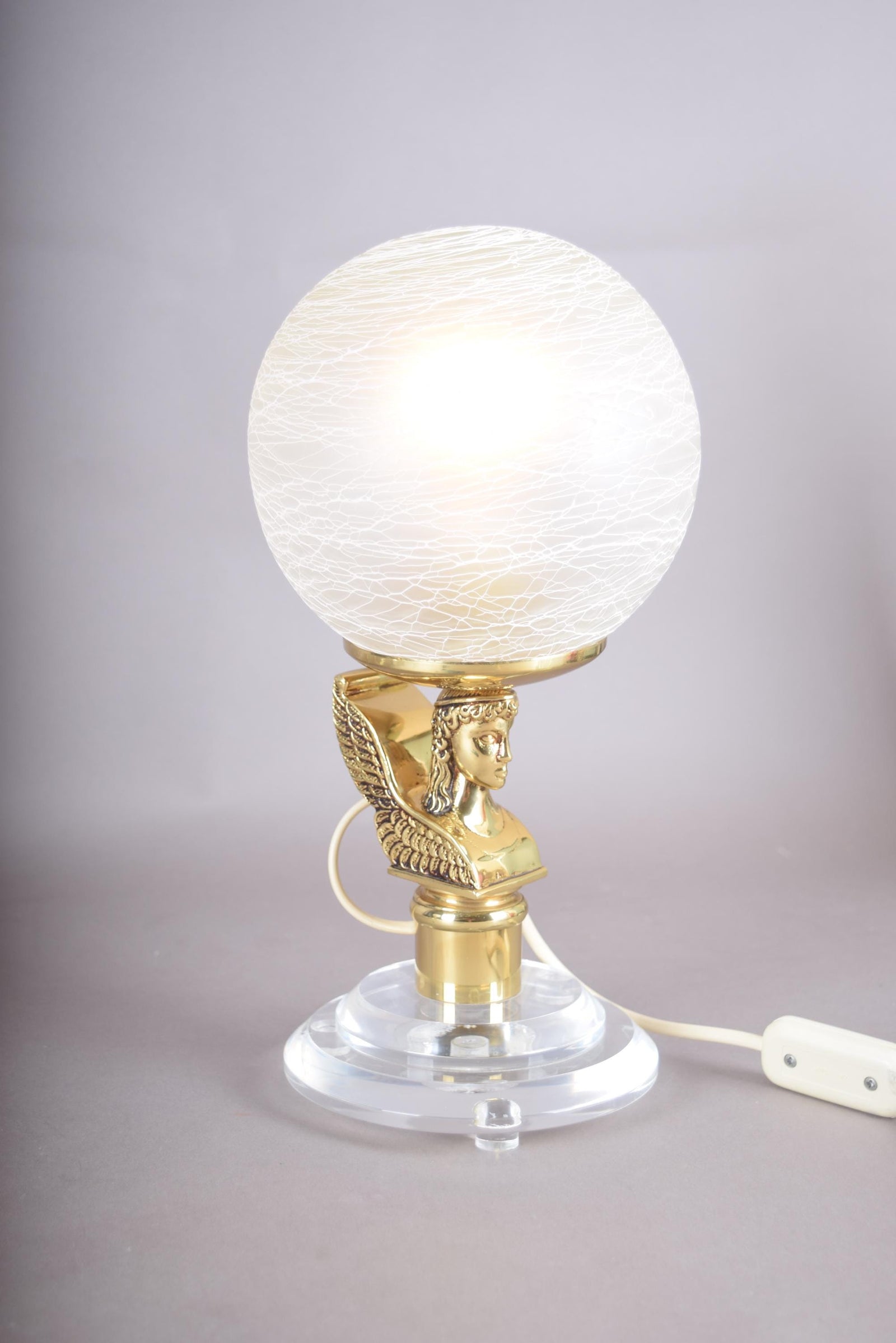 Vintage Brass-Toned Angel Table Lamps, Frosted Glass Globe Shade, Hollywood Regency, 1980s, Pair