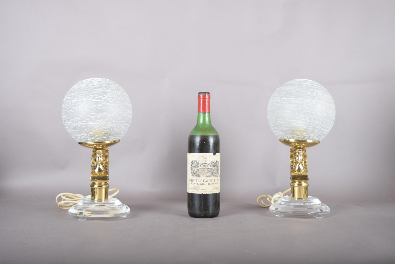 Vintage Brass-Toned Angel Table Lamps, Frosted Glass Globe Shade, Hollywood Regency, 1980s, Pair