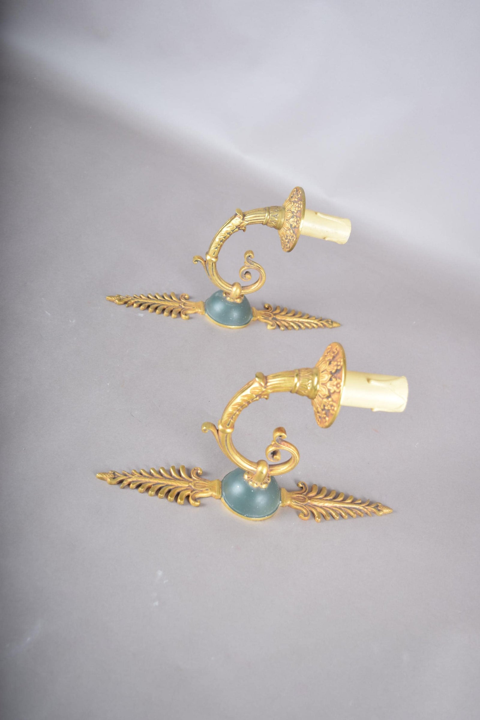 Pair of Vintage Gilded Brass Sconces, French Scroll Arm | Feathered Wall Lights, 1950s | Candle-Style Fixtures