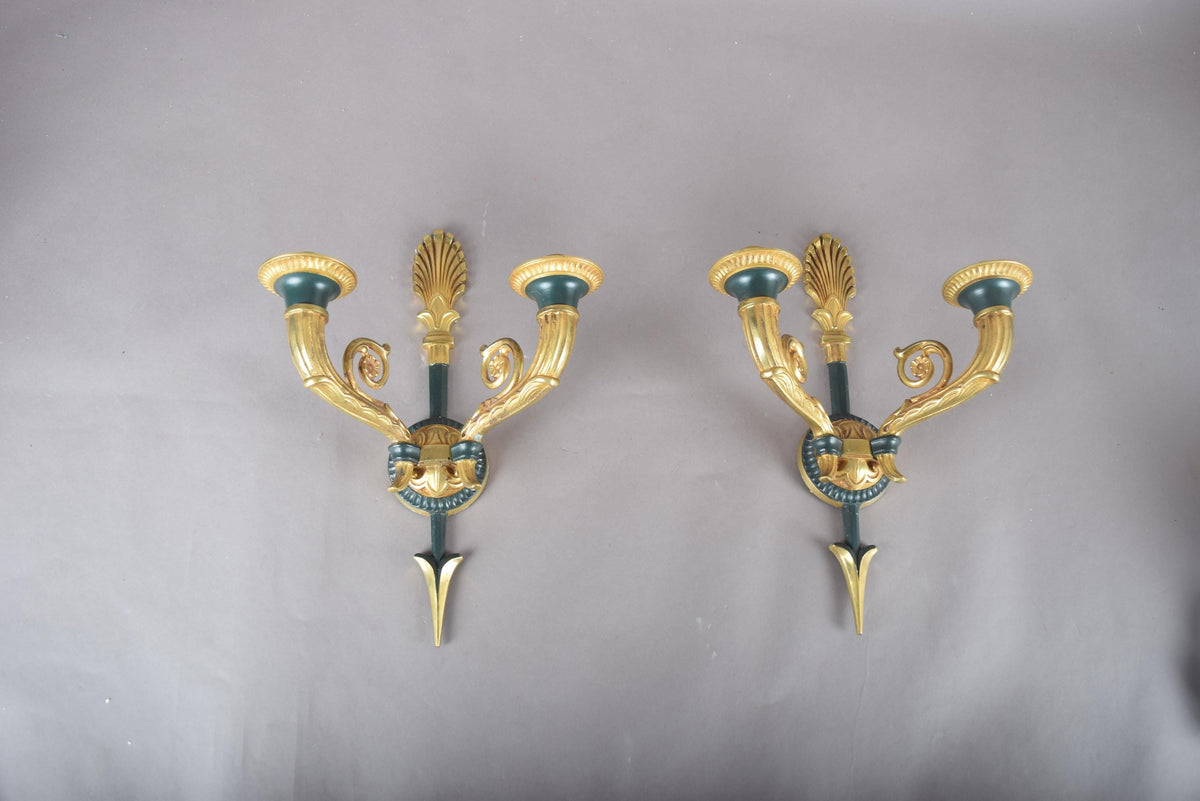 Vintage Gilt Bronze Wall Sconce Pair, Double Arm with Frosted Glass Shades — French Style, 1950s