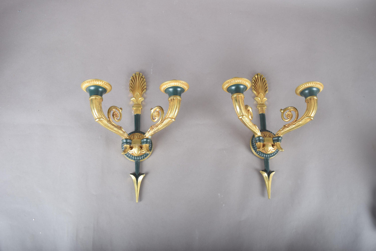 Vintage Gilt Bronze Wall Sconce Pair, Double Arm with Frosted Glass Shades — French Style, 1950s