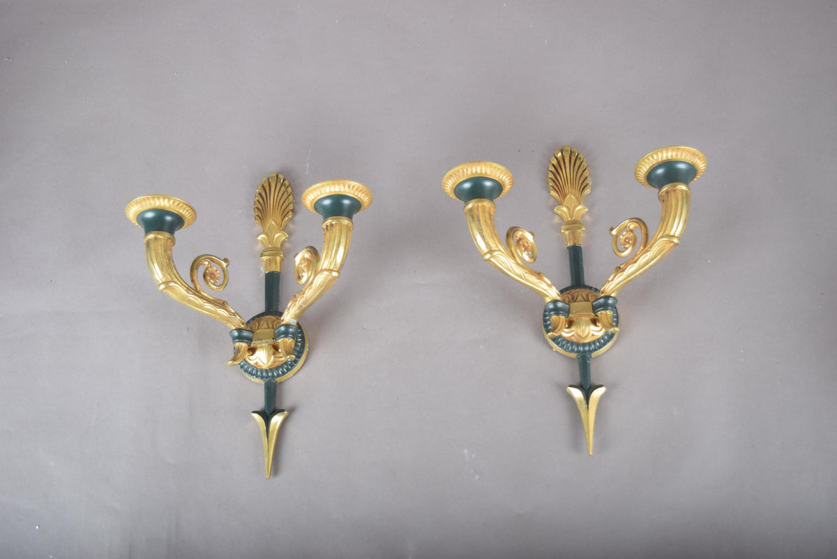 Vintage Gilt Bronze Wall Sconce Pair, Double Arm with Frosted Glass Shades — French Style, 1950s