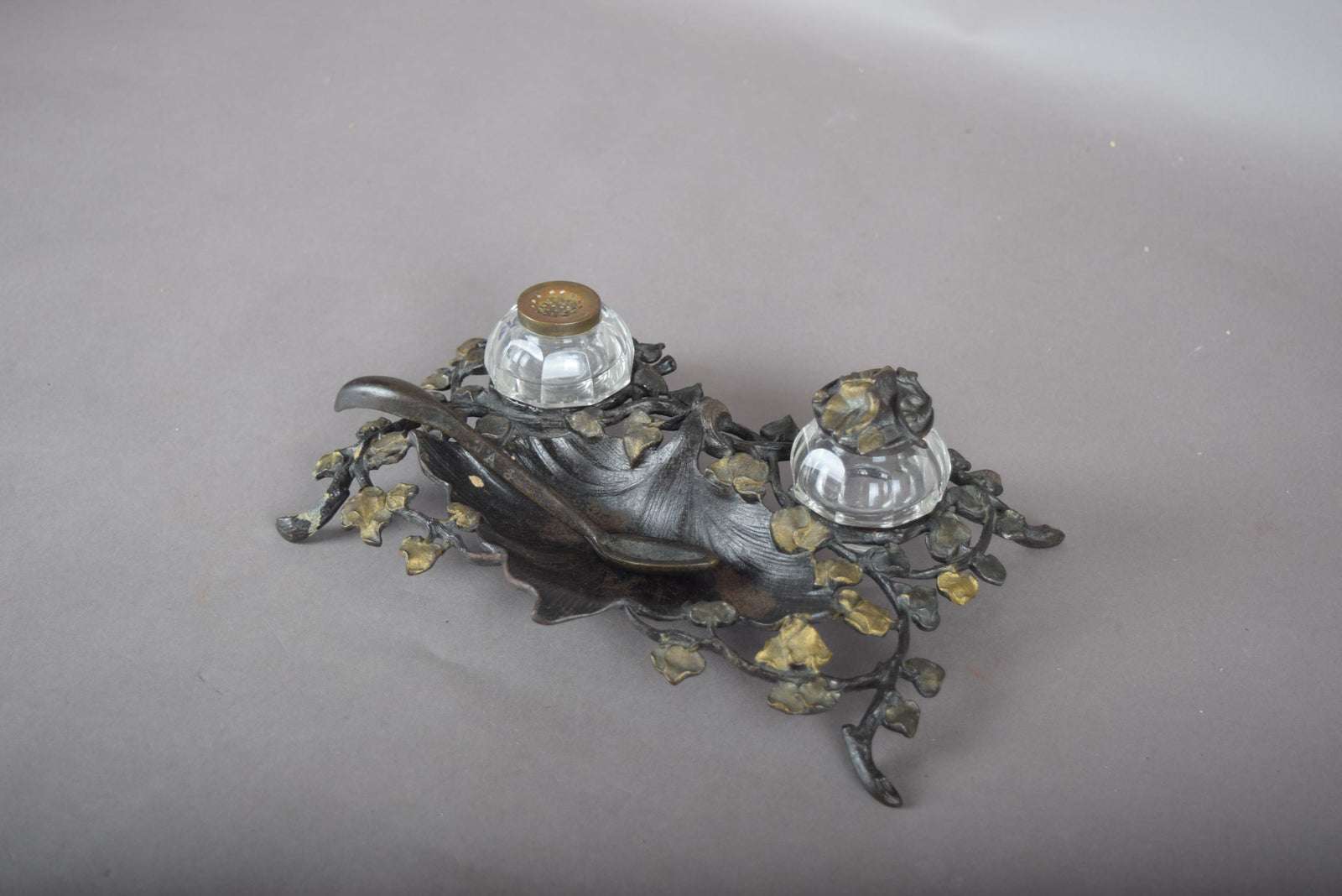 Antique Bronze-Toned Inkwell, Ivy Relief Design — French Art Nouveau, Circa 1900