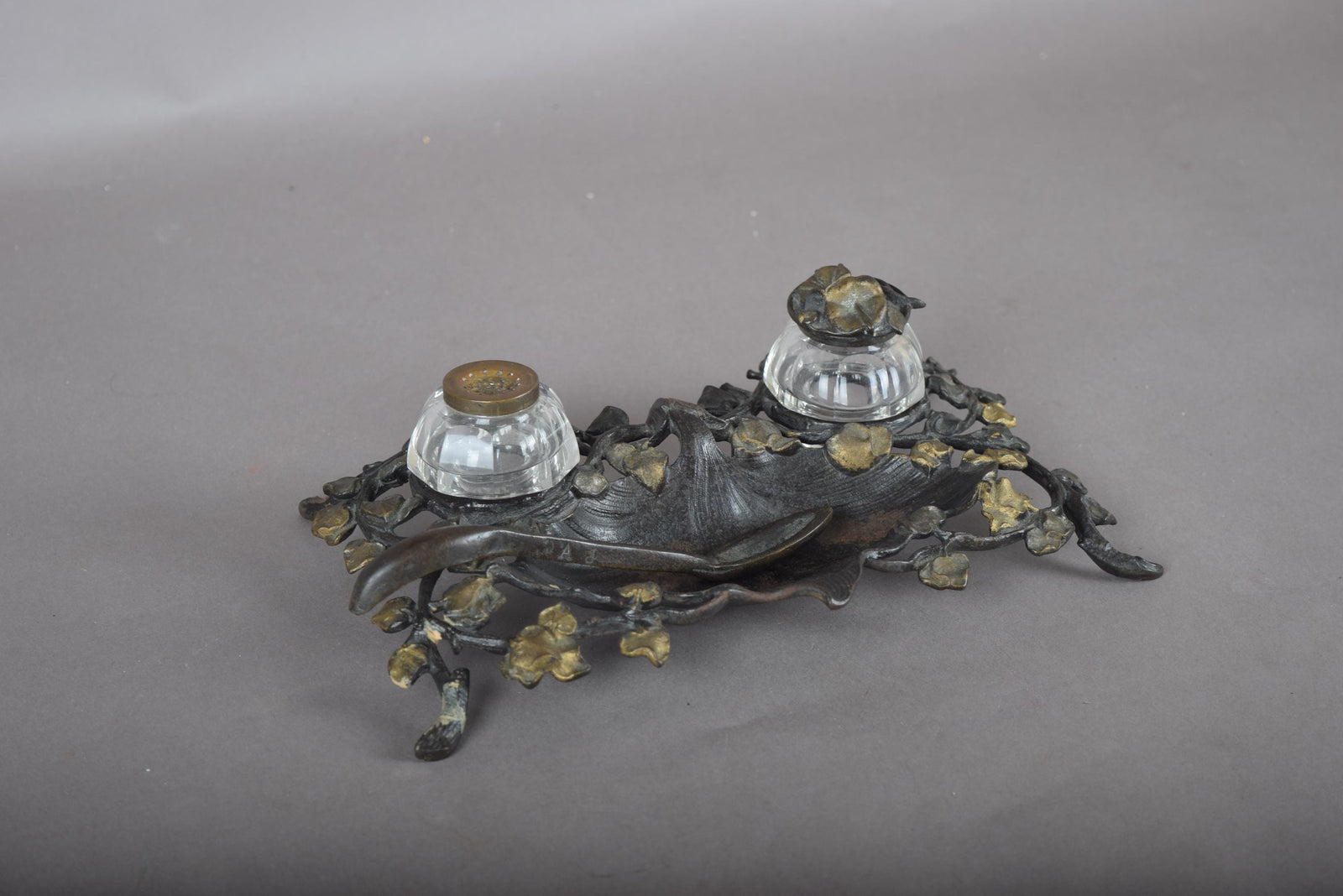 Antique Bronze-Toned Inkwell, Ivy Relief Design — French Art Nouveau, Circa 1900