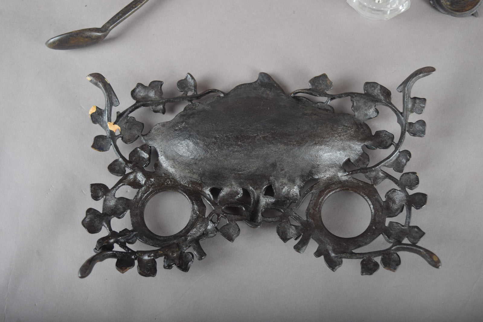 Antique Bronze-Toned Inkwell, Ivy Relief Design — French Art Nouveau, Circa 1900