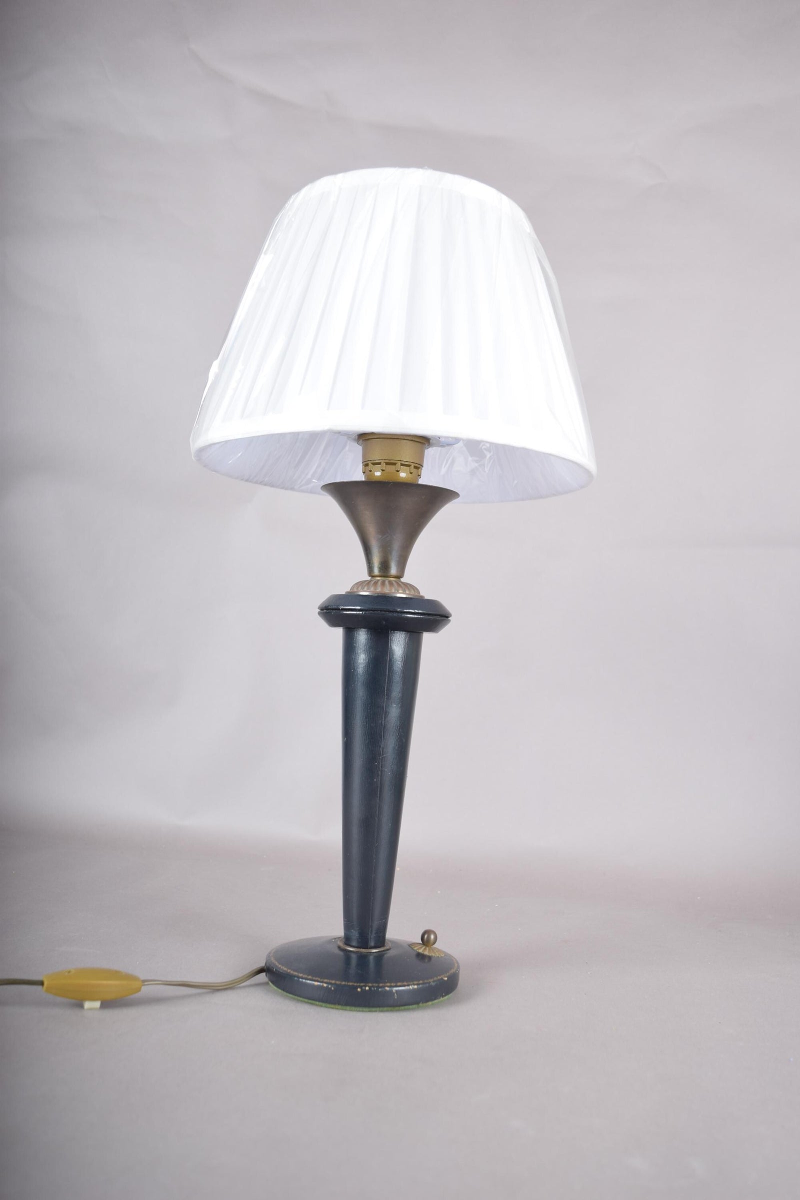 Vintage Navy Blue Leather Table Lamp | 1950s Mid Century Accent Lamp | Leather-Wrapped Brass Base | Rare Design Piece