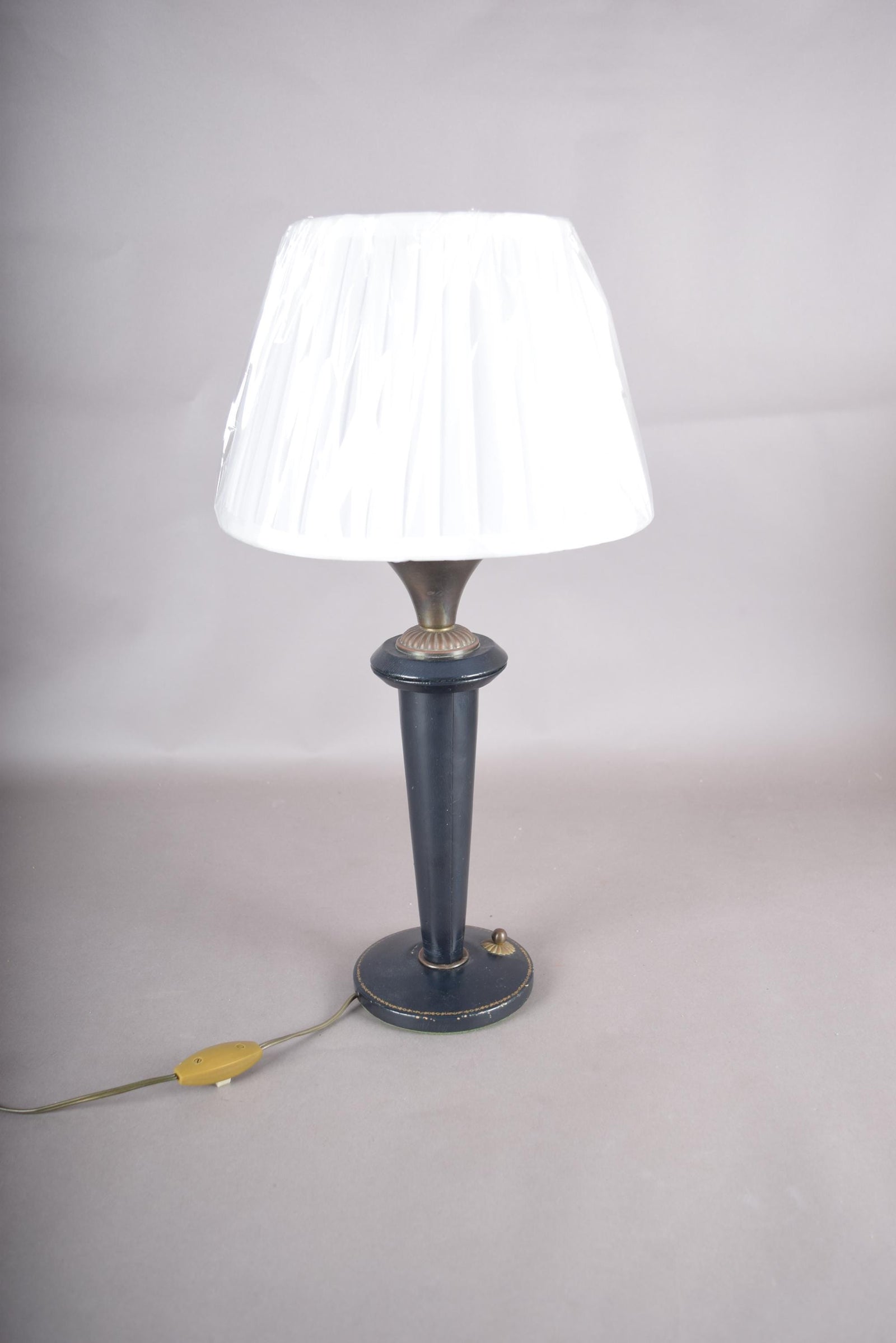 Vintage Navy Blue Leather Table Lamp | 1950s Mid Century Accent Lamp | Leather-Wrapped Brass Base | Rare Design Piece