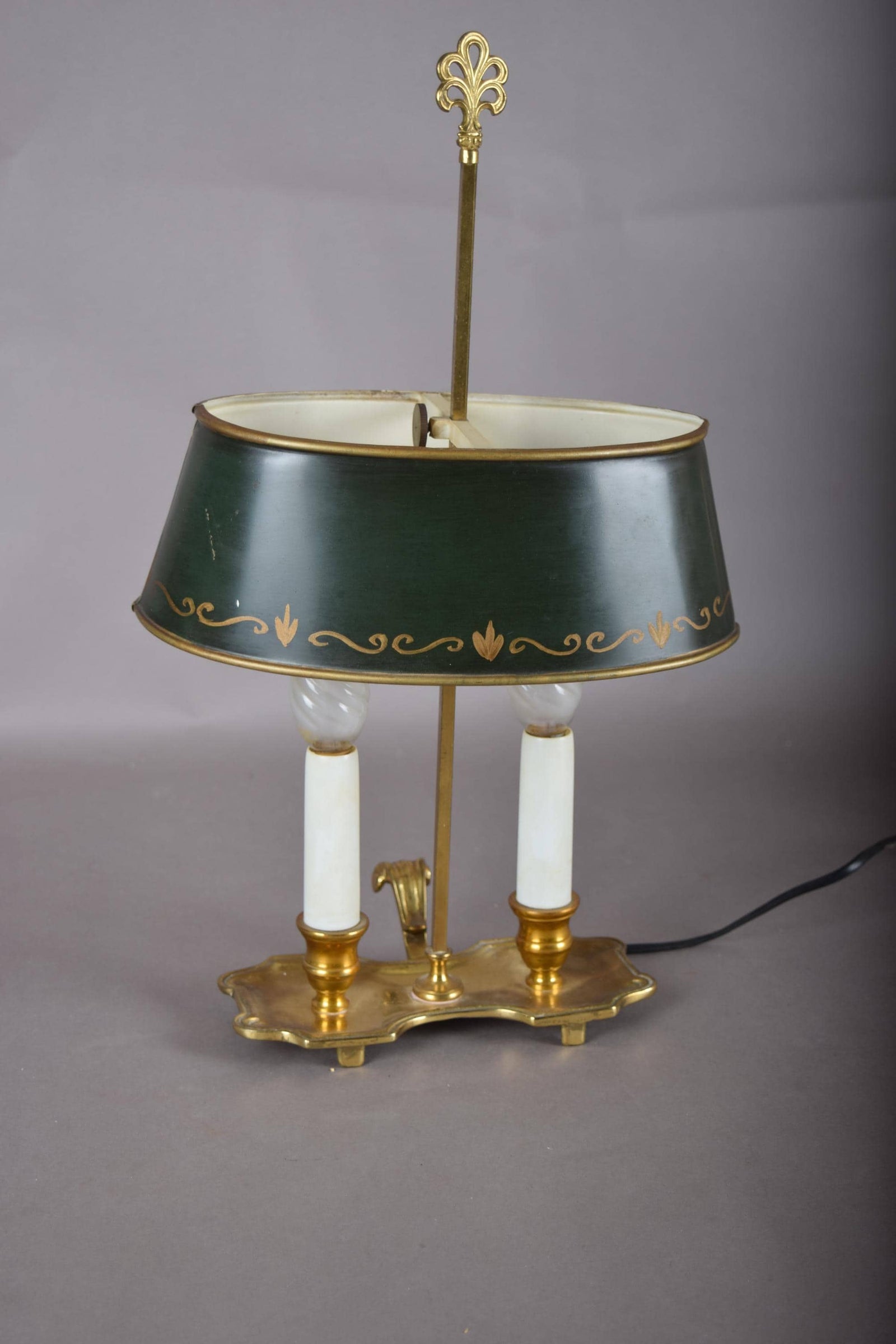 Vintage Brass Bouillotte Lamp, Green Tole Shade with Gold Trim, Dual Light, French Style