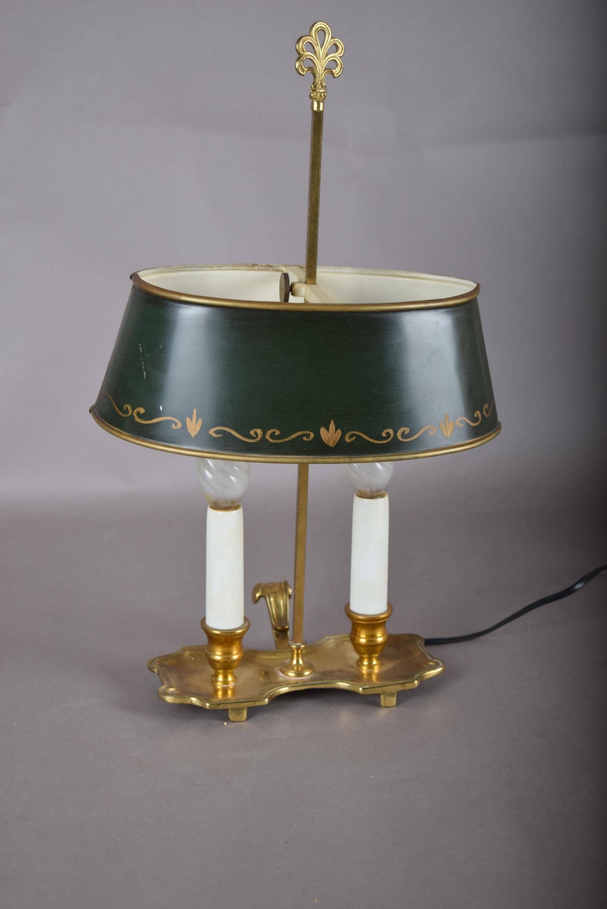 Vintage Brass Bouillotte Lamp, Green Tole Shade with Gold Trim, Dual Light, French Style