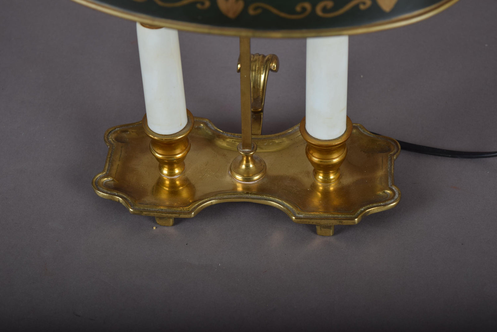 Vintage Brass Bouillotte Lamp, Green Tole Shade with Gold Trim, Dual Light, French Style