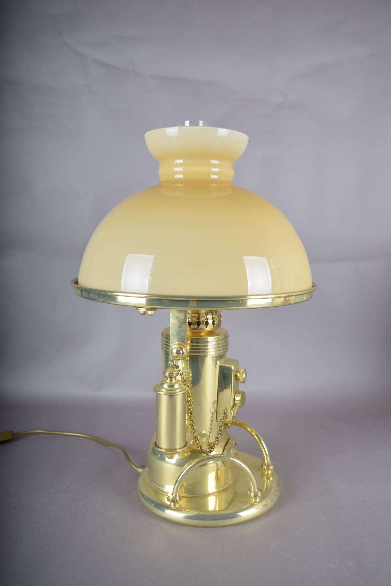 Vintage 1980s Gold-Plated Brass Nautical-Style Table Lamp – "SS Kansas City" Maritime Signal Lamp Design, Glass Dome Shade