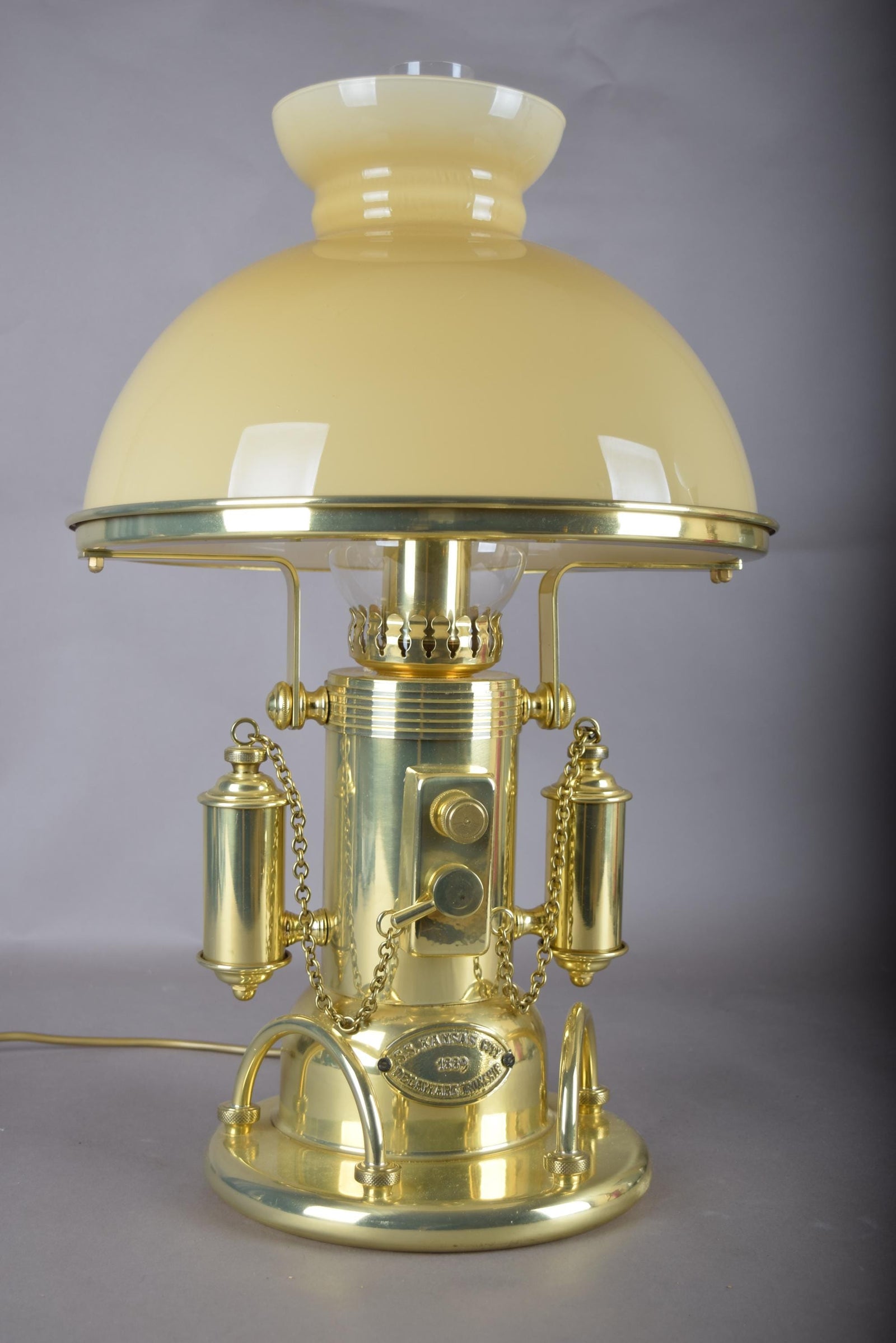 Vintage 1980s Gold-Plated Brass Nautical-Style Table Lamp – "SS Kansas City" Maritime Signal Lamp Design, Glass Dome Shade