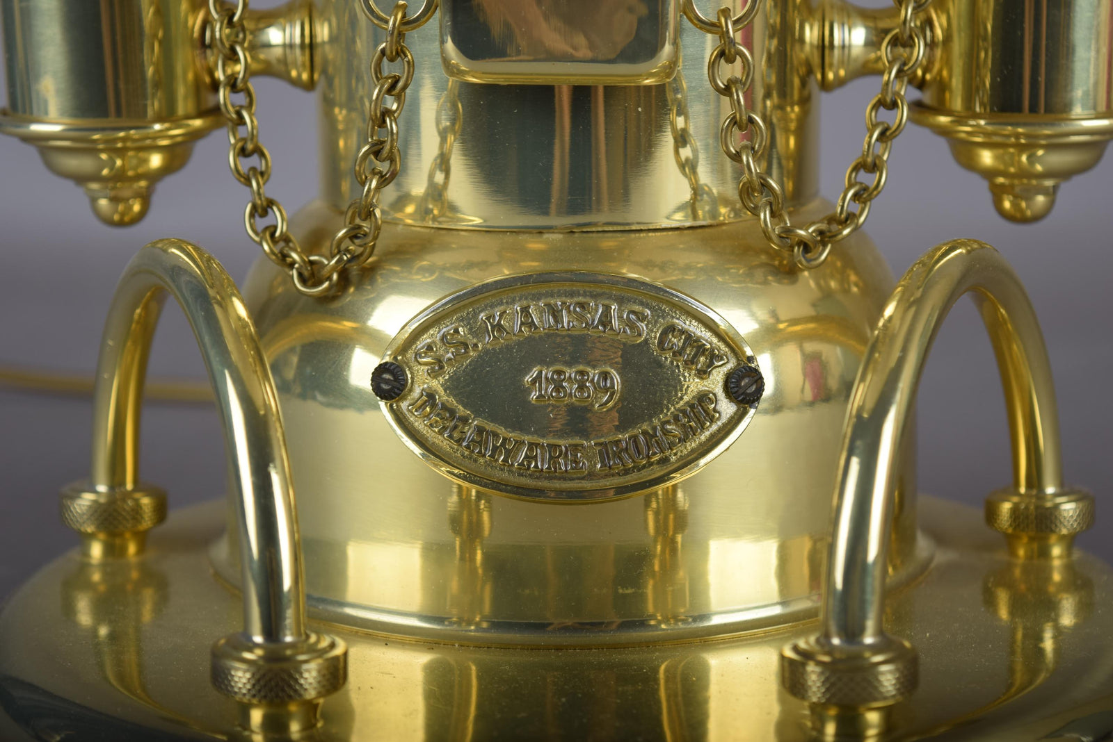 Vintage 1980s Gold-Plated Brass Nautical-Style Table Lamp – "SS Kansas City" Maritime Signal Lamp Design, Glass Dome Shade