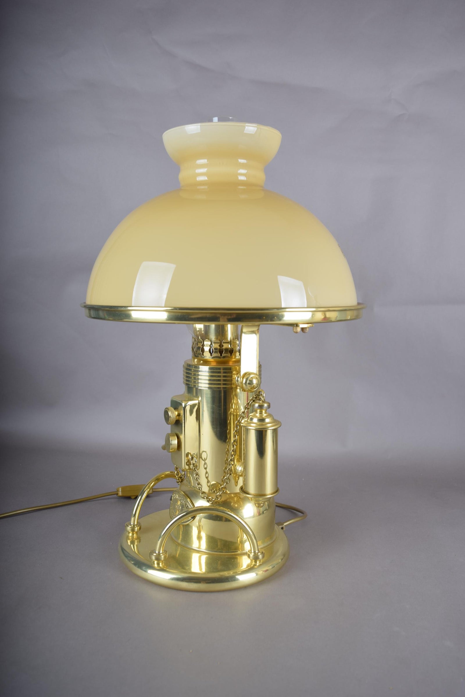 Vintage 1980s Gold-Plated Brass Nautical-Style Table Lamp – "SS Kansas City" Maritime Signal Lamp Design, Glass Dome Shade
