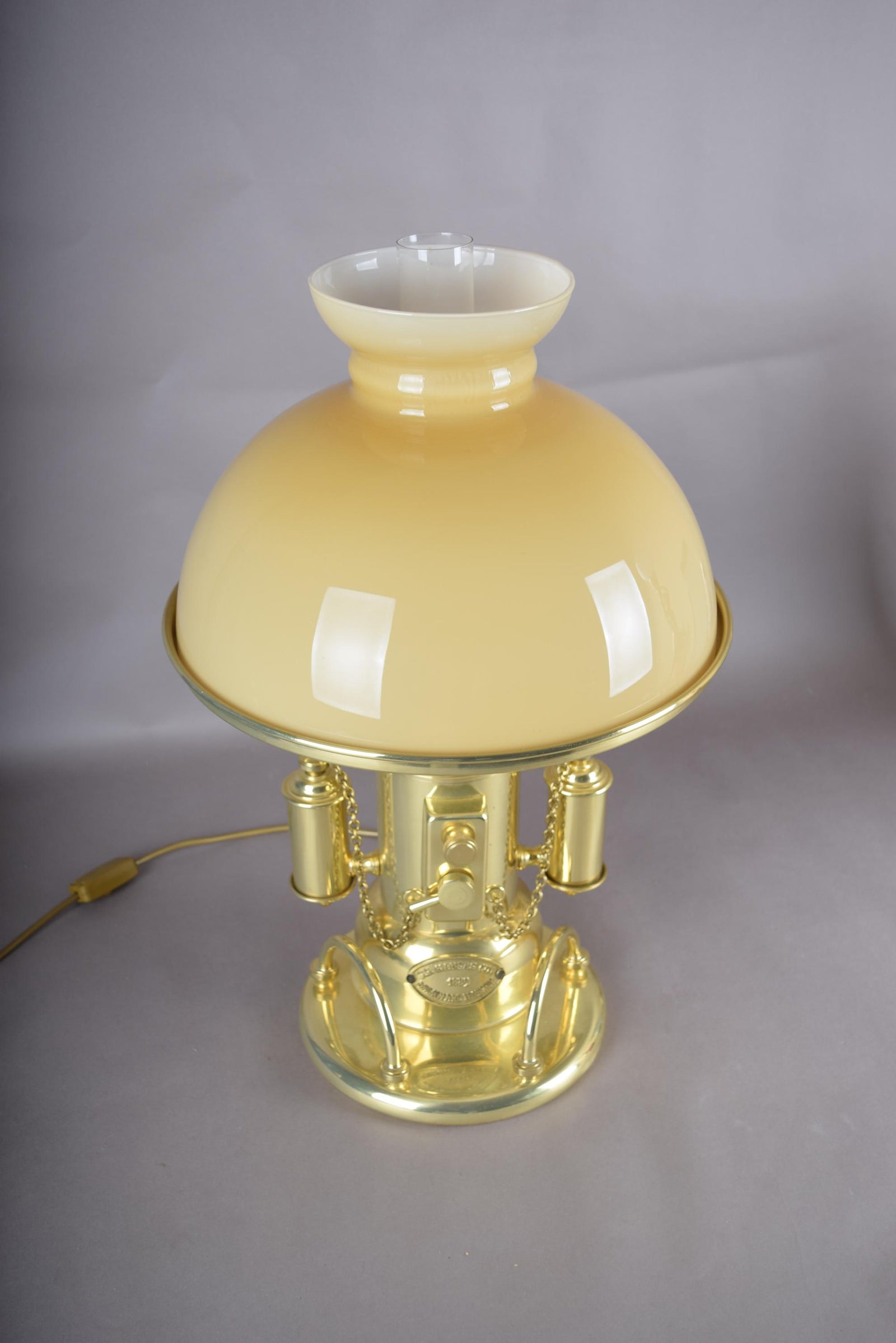 Vintage 1980s Gold-Plated Brass Nautical-Style Table Lamp – "SS Kansas City" Maritime Signal Lamp Design, Glass Dome Shade