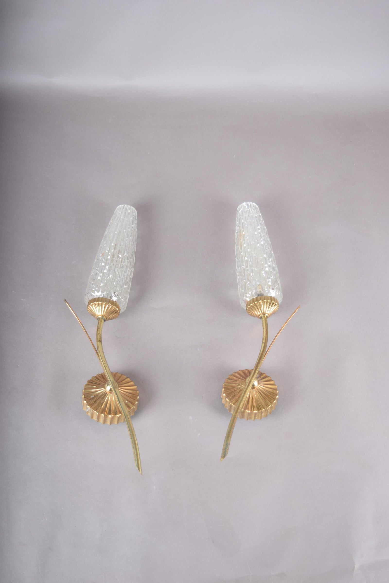 Vintage Gold-Toned Wall Sconces, Textured Glass Shades, Mid-Century Modern, Pair