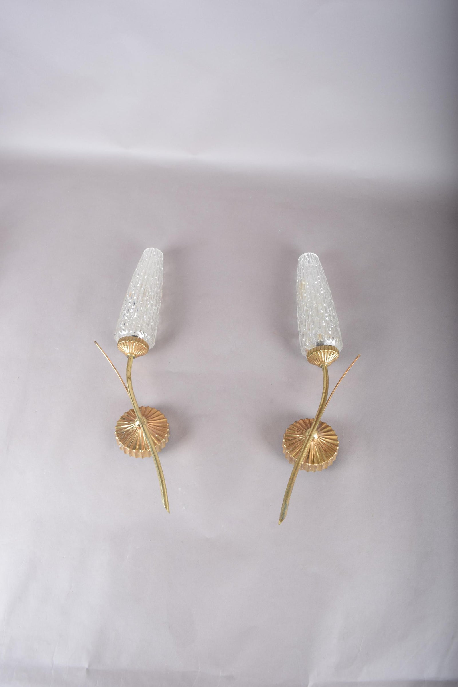Vintage Gold-Toned Wall Sconces, Textured Glass Shades, Mid-Century Modern, Pair