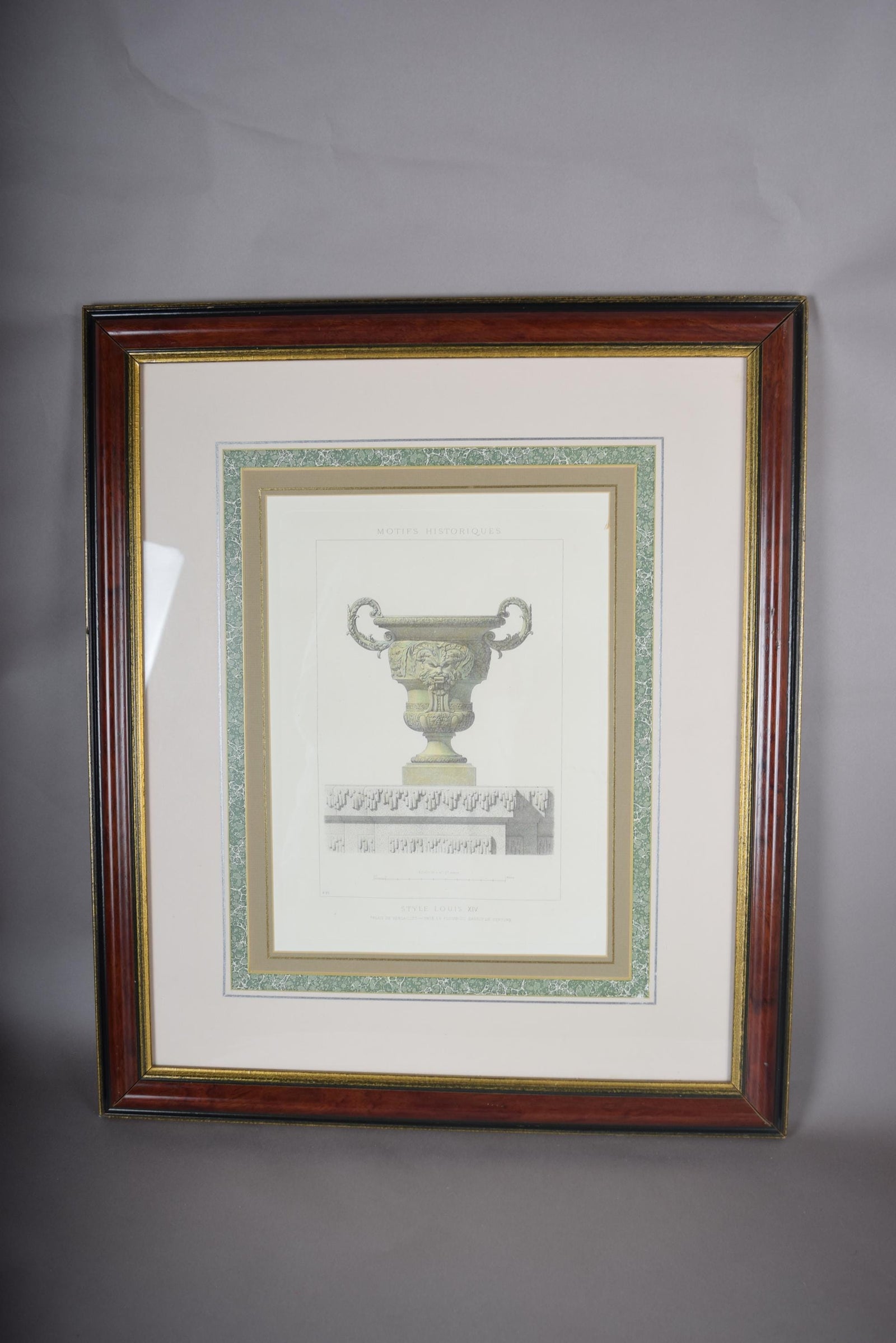 Louis XIV Style Vase Print, Versailles Bassin de Neptune — Framed Vintage Lithograph, 1960s