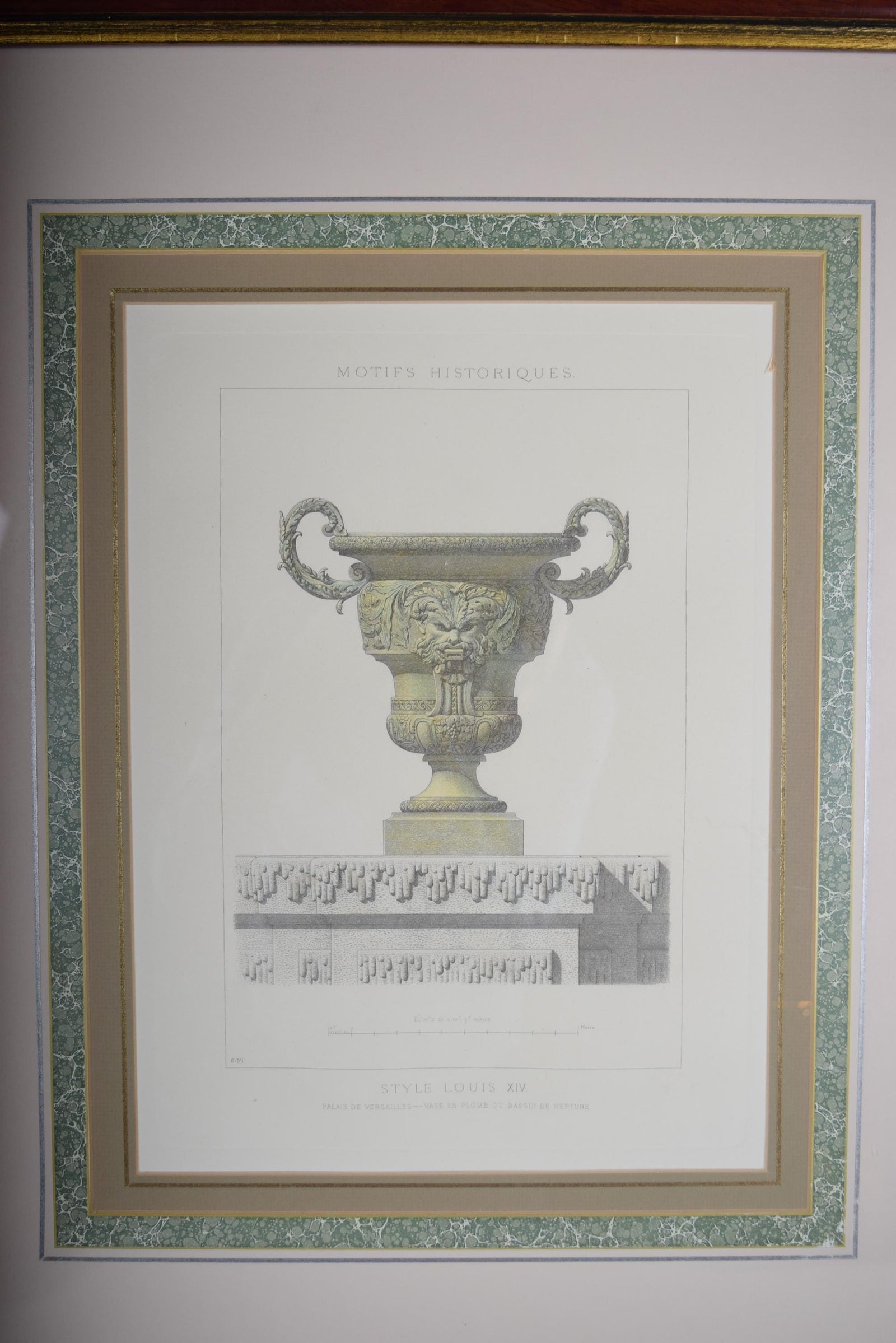 Louis XIV Style Vase Print, Versailles Bassin de Neptune — Framed Vintage Lithograph, 1960s
