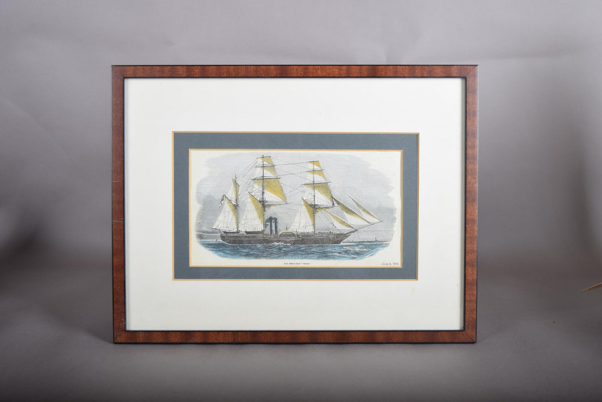 Antique 1854 Lithograph, H.M. Steam-Ship "Tiger," Crimean War Naval Print, Mid-Century Frame