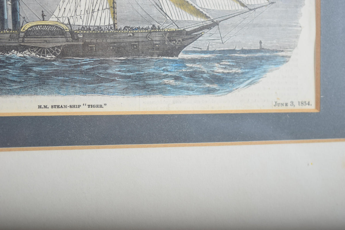 Antique 1854 Lithograph, H.M. Steam-Ship "Tiger," Crimean War Naval Print, Mid-Century Frame