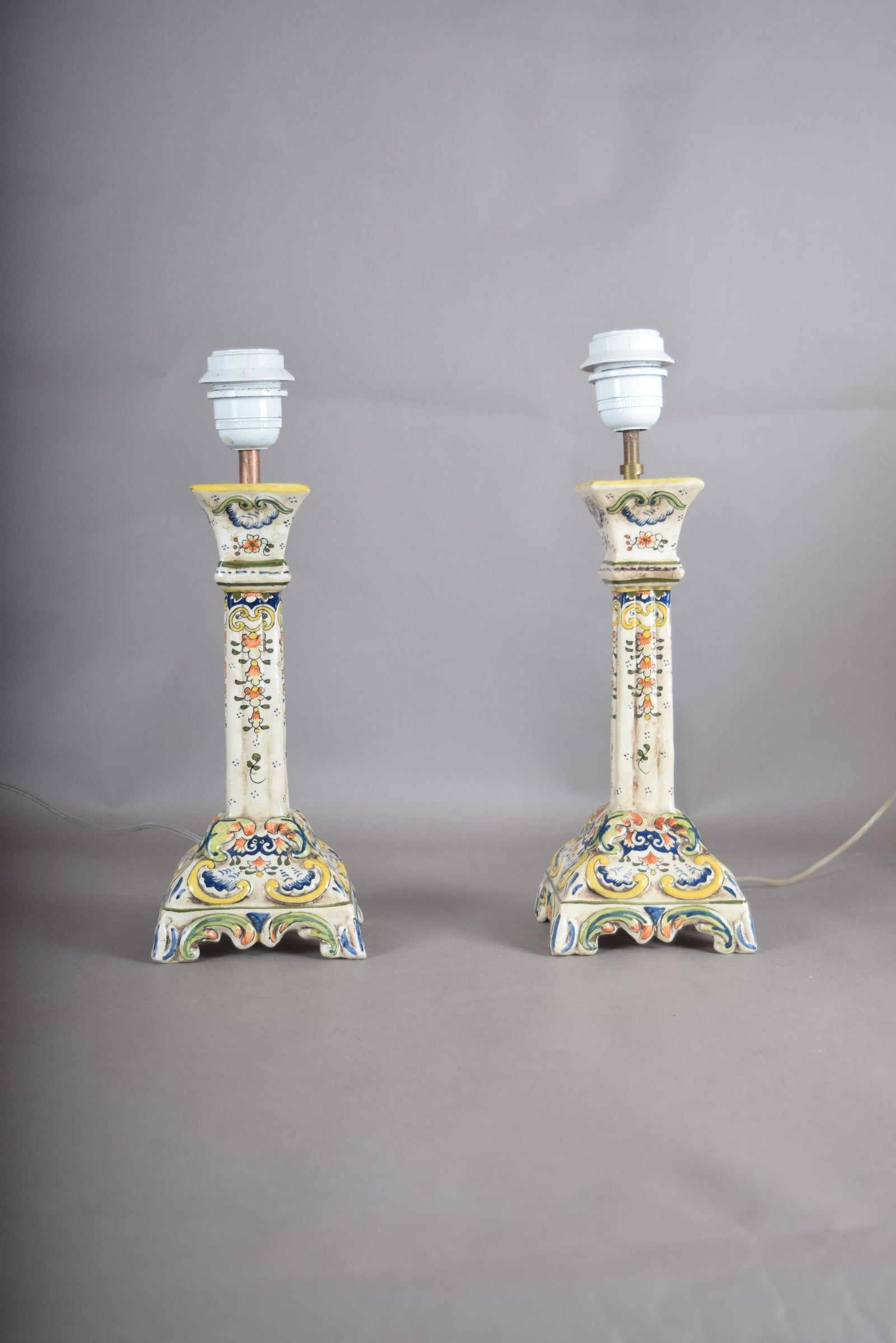 Antique Rouen Faience Ceramic Candlestick Lamp Pair, Hand-Painted Floral — French, Circa 1900
