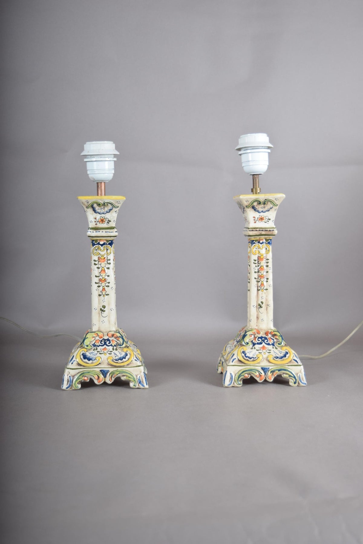 Antique Rouen Faience Ceramic Candlestick Lamp Pair, Hand-Painted Floral — French, Circa 1900