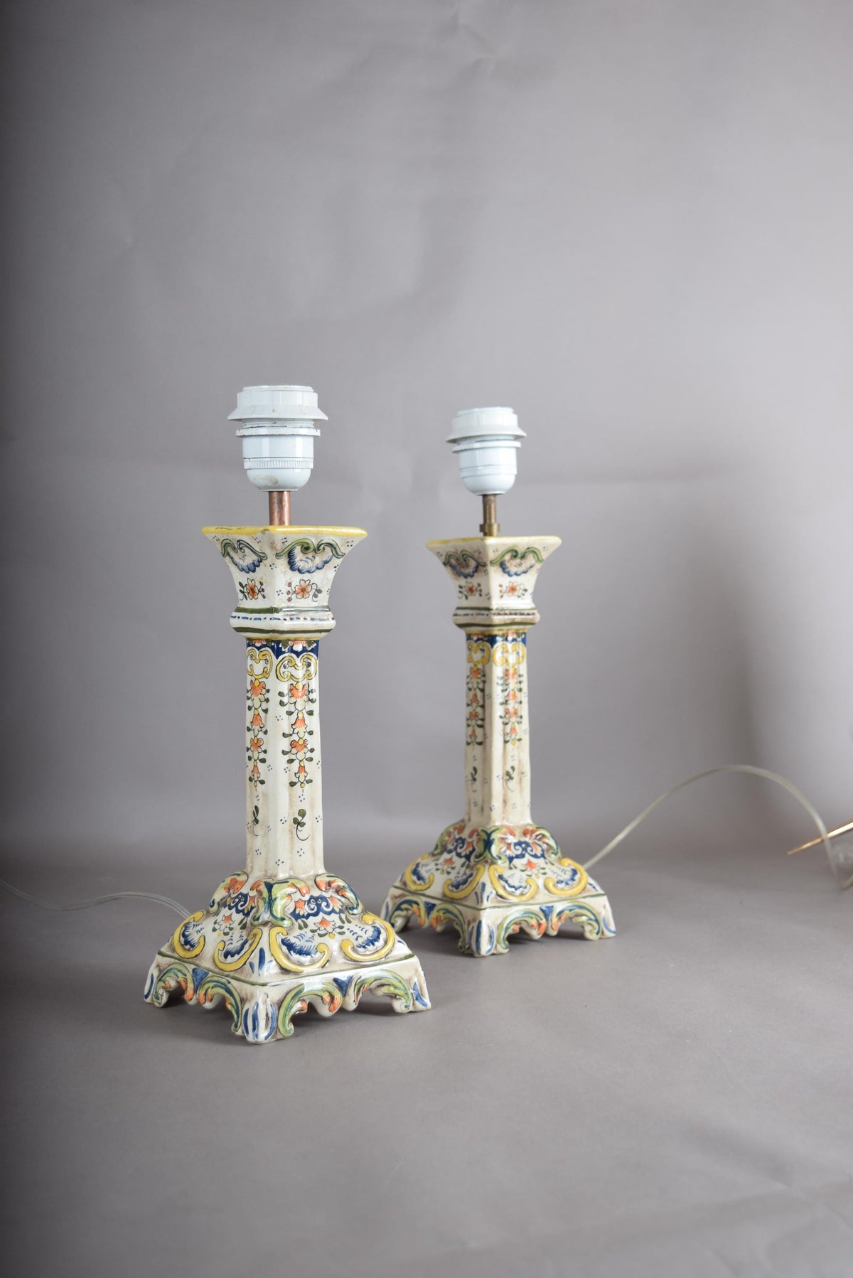 Antique Rouen Faience Ceramic Candlestick Lamp Pair, Hand-Painted Floral — French, Circa 1900
