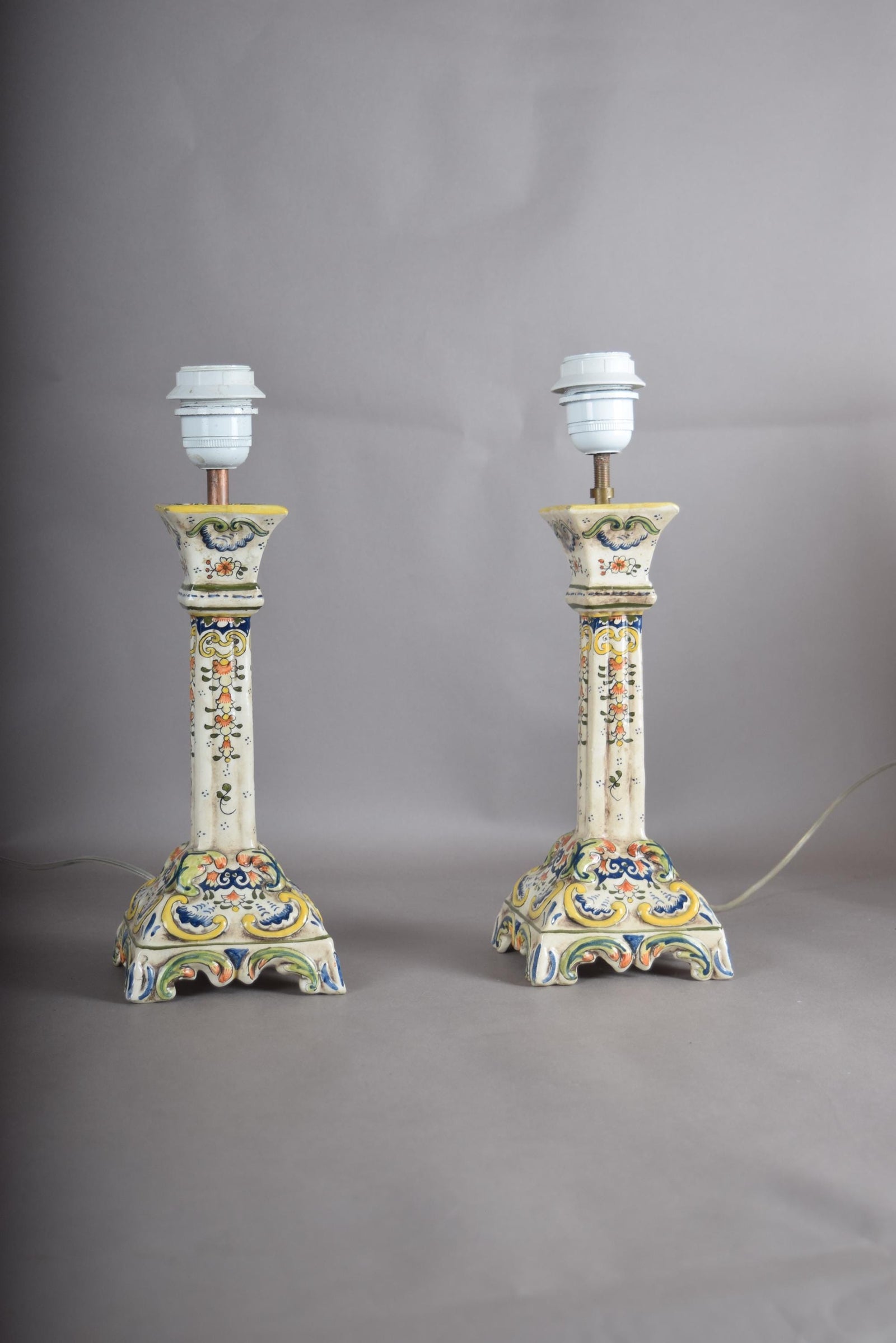 Antique Rouen Faience Ceramic Candlestick Lamp Pair, Hand-Painted Floral — French, Circa 1900