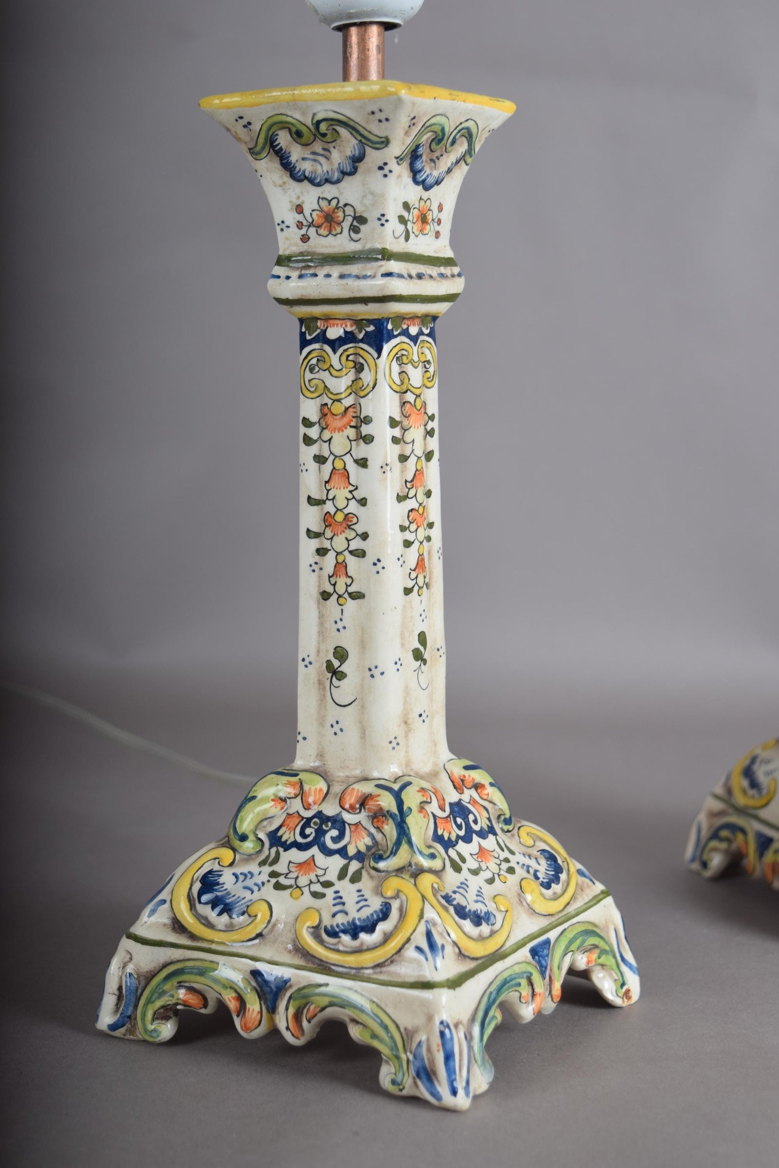 Antique Rouen Faience Ceramic Candlestick Lamp Pair, Hand-Painted Floral — French, Circa 1900